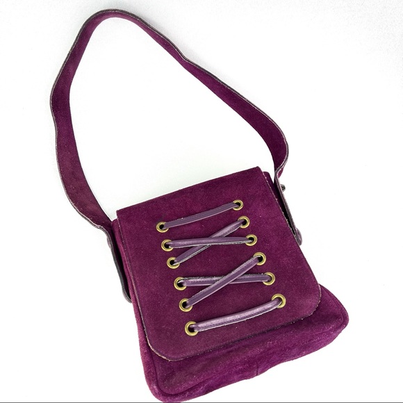 Vintage Handbags - Vintage Battani Suede Shoulder Bag Purse Lace Up Wine Burgundy Flap Grommet